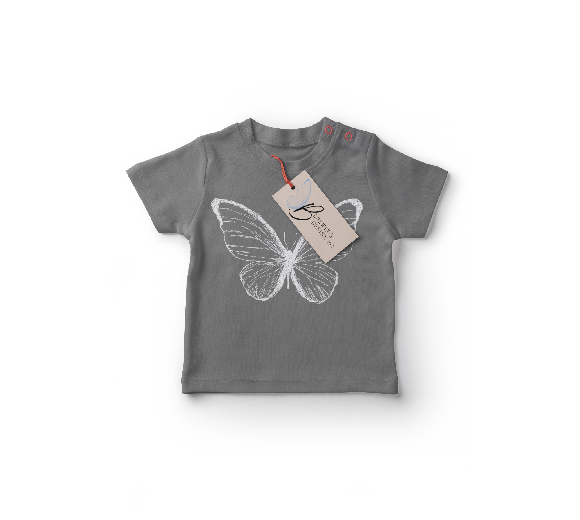 Gray t-shirt with butterfly design and a tag on a white background